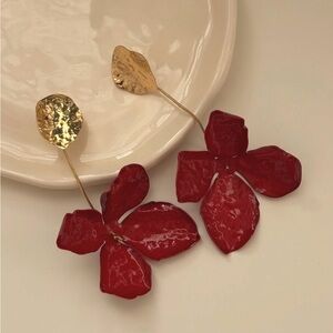 Red Petal Drop Earrings with Hammered Gold Top